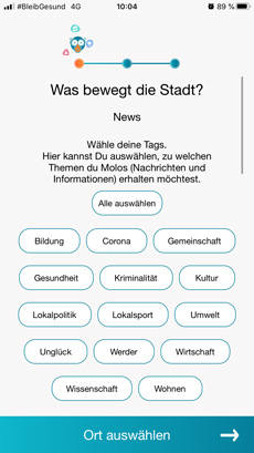 Nachrichten-App molo.news geht in Bremen on air - Interessierte User*innen können ihren News-Feed bei molo.news je nach Interesse (z.B. Sport, Kultur, Wirtschaft) selbst gestalten; Foto: Screenshot von der App