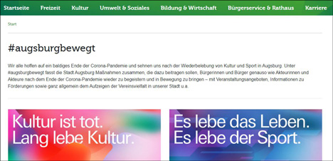 Augsburg setzt Kultur und Sport in Szene - Die Website zur Kampagne #augsburgbewegt versteht sich als Anlaufstelle für Kulturschaffende; Foto: Screenshot der Website