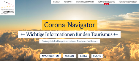 Kompetenzzentrum Tourismus des Bundes bündelt Infos zum Coronavirus digital - Die Website Corona-Navigator.de ist für die Nutzung von Smartphones optimiert. Außerdem sind vViele Inhalte per RSS-Feed exportierbar; Foto: Screenshot der Startseite