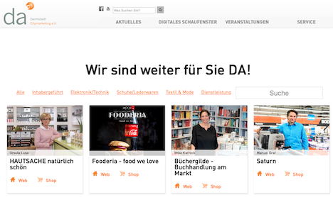 Darmstadt Marketing öffnet das "Digitale Schaufenster" - Im "Digitalen Schaufenster" können Darmstadts Bürger*innen digital einen Blick auf das lokale Versorgungsangebot werfen, während der Handel die Möglichkeit hat, seine Waren und Produkte präsenter über den eigenen Online-Shop zu verkaufen. Restaurants können zudem ihre Lieferdienste anbieten ; Foto: Screenshot des Web-Angebots "Digitales Schaufenster"