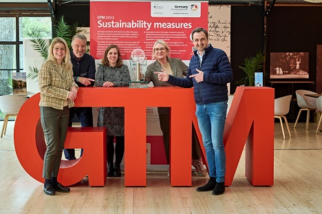 German Travel Mart kommt nach Essen - DZT-Mitarbeiterin Julia Grundmann (1.v.l.) und DZT-Vorstandsvorsitzende Petra Hedorfer (2.v.r.) übergeben den GTM-Pokal an Andreas Wietheger, Mitarbeiter bei Ruhr Tourismus (2.v.l.), Julia Bauer, Mitarbeiterin Tourismus NRW (3.v.l.) und EMG-Geschäftsführer Richard Röhrhoff (1.v.r) – Foto: DZT/Jens Wegener