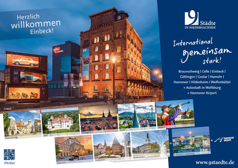 Neuer Kooperationspartner für "9 Städte + 2 in Niedersachsen" - Die niedersächsische Städte-Kooperation begrüßt Einbeck mit einem Plakat - Foto: Hannover Marketing und Tourismus