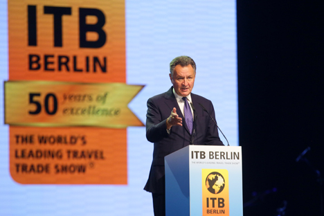 Neues Bündnis zur Bekämpfung wirtschaftlicher Fluchtursachen im Vorderen Orient und Afrika - BTW-Präsident Michael Frenzel bei der Eröffnung der ITB 2016; Foto: ITB Berlin