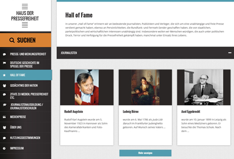Verein Deutsches Pressemuseum Hamburg eröffnet "Haus der Pressefreiheit" - In der Rubrik "Hall of Fame" werden Journalisten, Publizisten und Verleger vorgestellt, die sich um die Pressefreiheit verdient und für den Qualitätsjournalismus stark gemacht haben; Screenshot