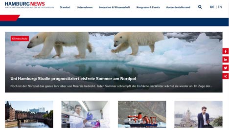 Neues Online-Outfit für Hamburg News von Hamburg Marketing - Die Hamburg Marketing GmbH hat ihr Nachrichtenportal gemeinsam mit der Agentur aberratio überarbeitet; Foto: Screenshot hamburg-news.hamburg