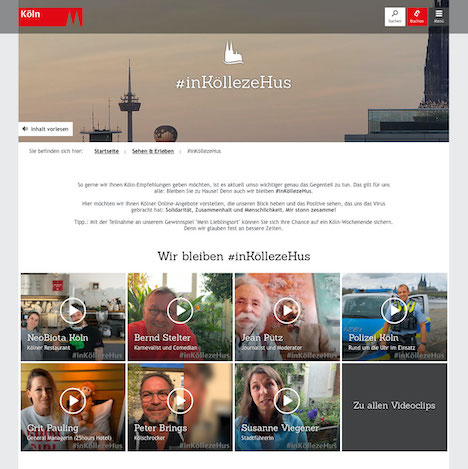Stadt Köln und KölnTourismus setzen #inKöllezeHus-Kampagne um - Die Videos gehen unter anderem auf der #inKöllezeHus-Landingpage auf koelntourismus.de online; Foto: Screenshot
