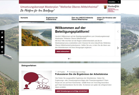Bürgerbeteiligungsplattform für die Entwicklung des Welterbes Oberes Mittelrheintal ist on air - Der Mitmachplattform liegt der Masterplan "Welterbe Oberes Mittelrheintal" zu Grunde, der 2013 veröffentlicht wurde; Foto: Screenshot