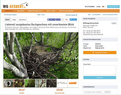 Stiftung Artenschutz wirbt mit Wohnungsanzeigen für Lebensraum von Tieren - Die Kampagne spielt mit gewöhnlichen Wohnungsinserate und macht so auf den schwindenden Lebensraum von Tieren aufmerksam; Foto: McCann
