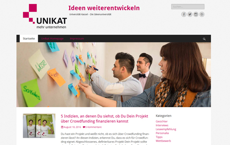 Uni Kassel startet Blog über Start-ups - Der Gründerblog der Universität Kassel richtet sich an Start-ups, Studierende und Interessierte in der Universität und der Region Nordhessen; Foto: Screenshot