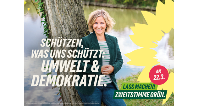 Grüne Rheinland-Pfalz präsentieren Wahlkampagne für 2026 - Katrin Eder auf dem offiziellen Wahlplakat der Grünen Rheinland-Pfalz für die Kampagne "Lass machen!" – Foto: The Goodwins