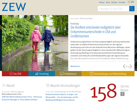 Zentrum für Europäische Wirtschaftsforschung mit neuer Website - Screenshot der neuen Website www.zew.de