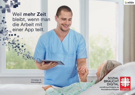 Caritas will Digitalisierung voranbringen - Digitale Services helfen beispielsweise in der Pflege beim Zeitmanagement, wie die neue Caritas-Kampagne "sozial braucht digital" zeigt; Foto: Caritas